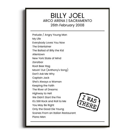 Billy Joel Sacramento 26 February 2008 Setlist Poster