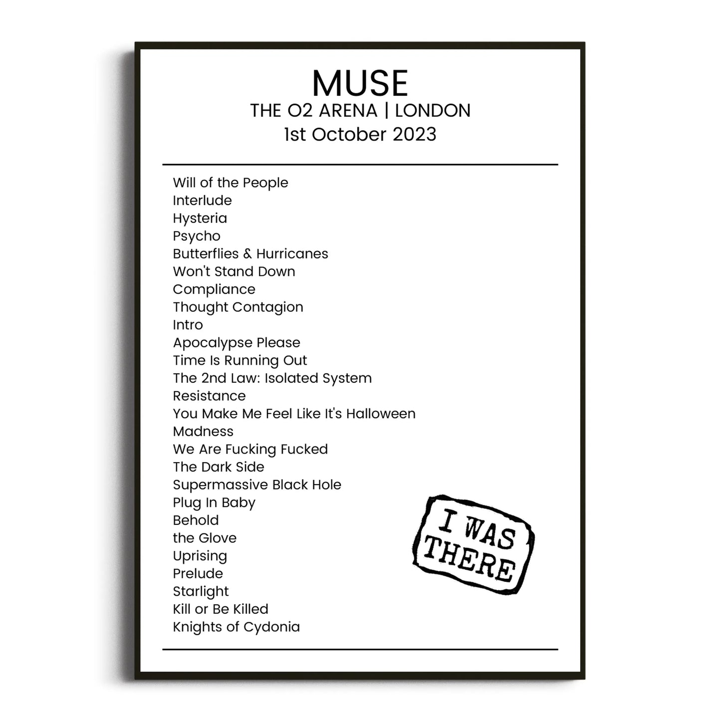 Muse London 01 October 2023 Setlist Poster