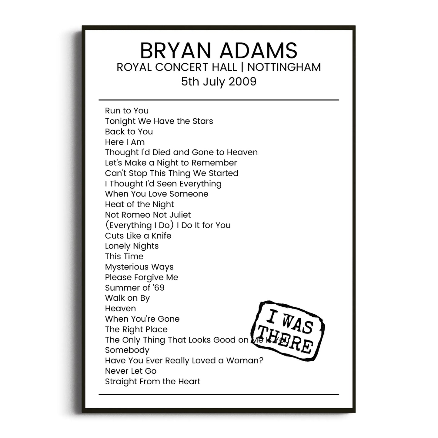 Bryan Adams Nottingham 05 July 2009 Setlist Poster