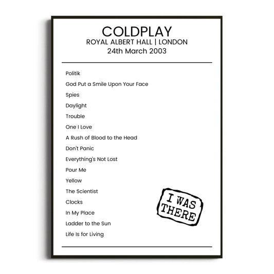 Coldplay London 24 March 2003 Setlist Poster