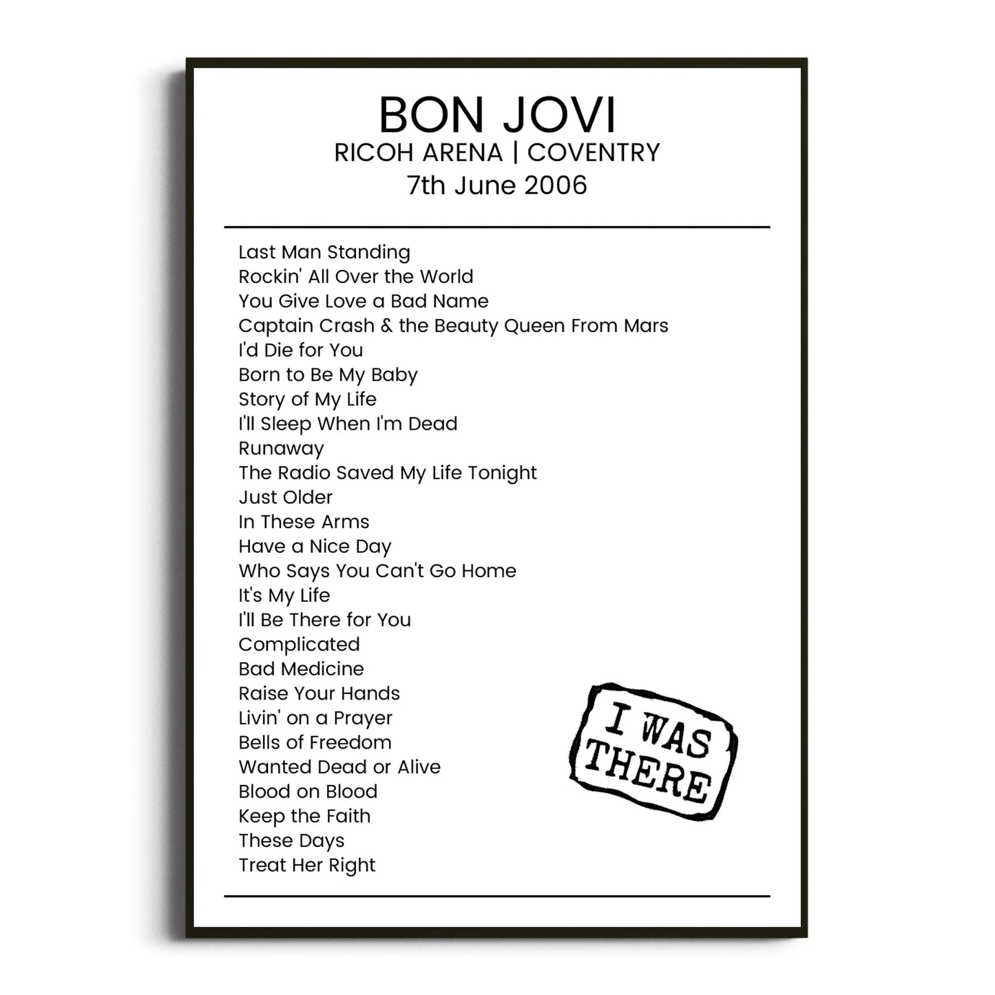 Bon Jovi Coventry 07 June 2006 Setlist Poster