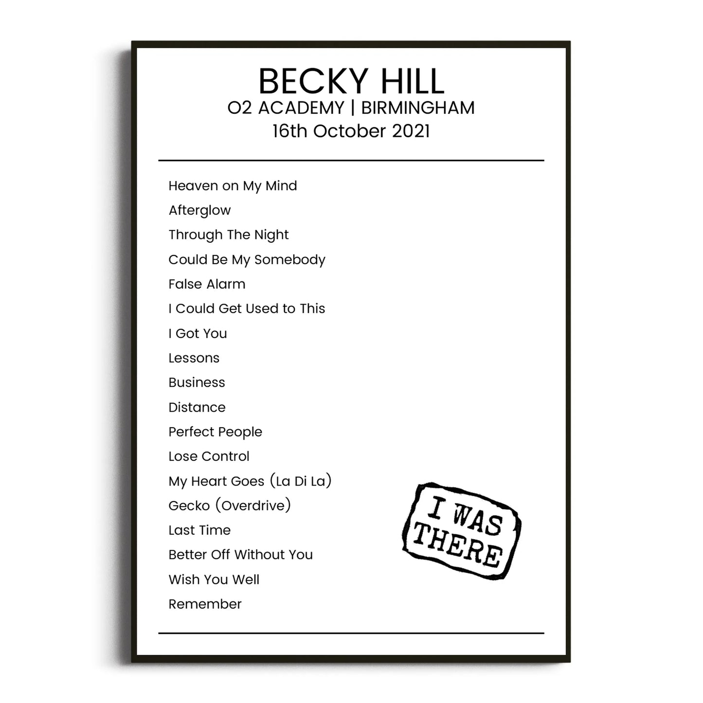 Becky Hill Birmingham 16 October 2021 Setlist Poster