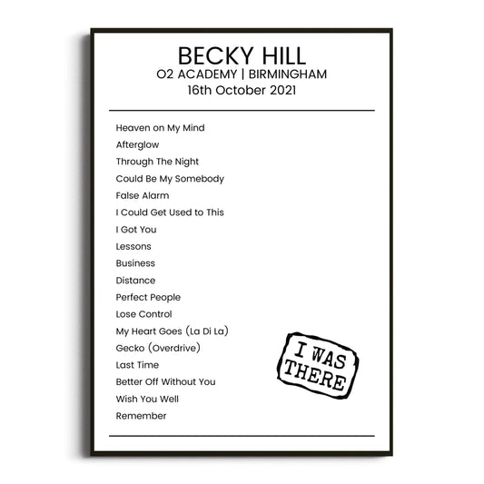 Becky Hill Birmingham 16 October 2021 Setlist Poster