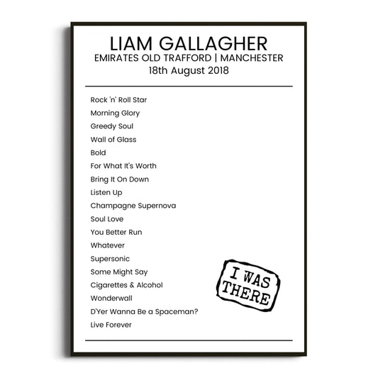 Liam Gallagher Manchester 18 August 2018 Setlist Poster