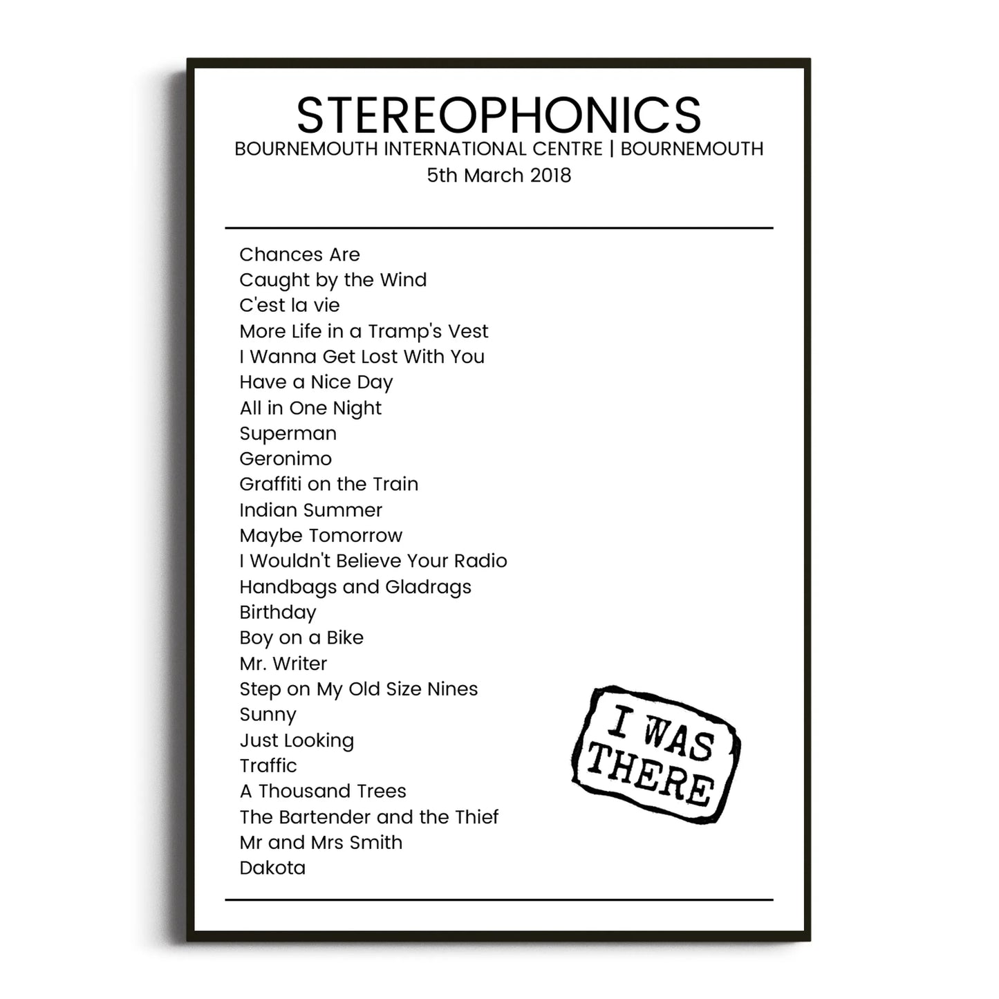 Stereophonics Bournemouth 05 March 2018 Setlist Poster