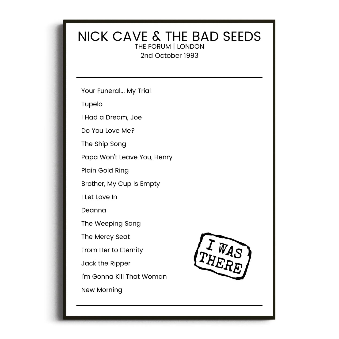 Nick Cave & the Bad Seeds London 02 October 1993 Setlist Poster