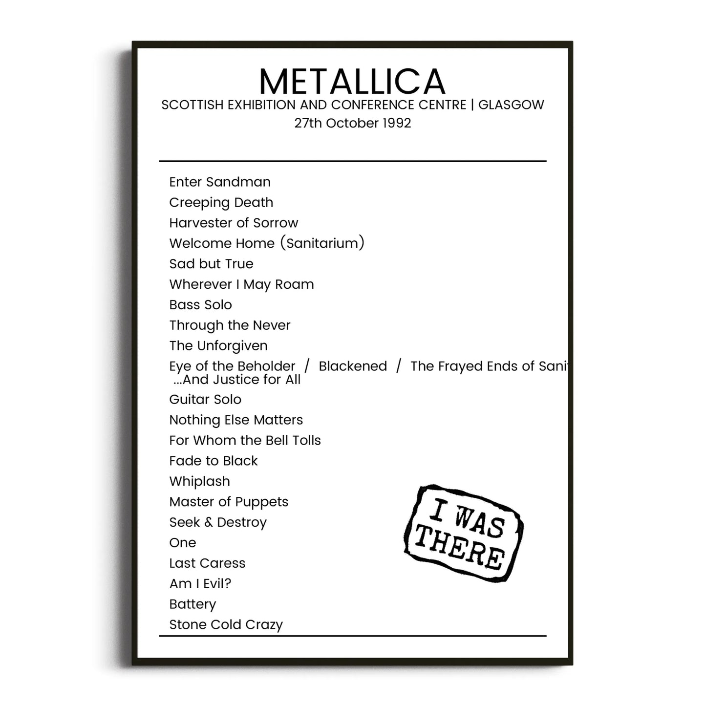 Metallica Glasgow 27 October 1992 Setlist Poster