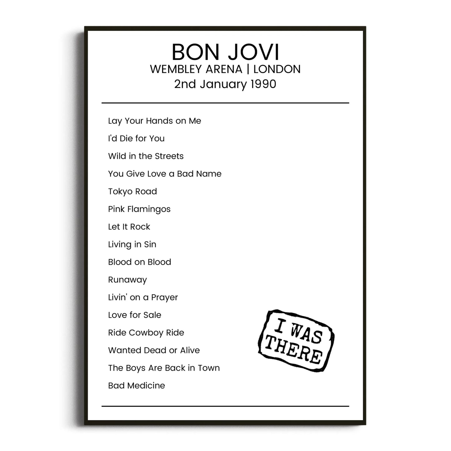 Bon Jovi London 02 January 1990 Setlist Poster