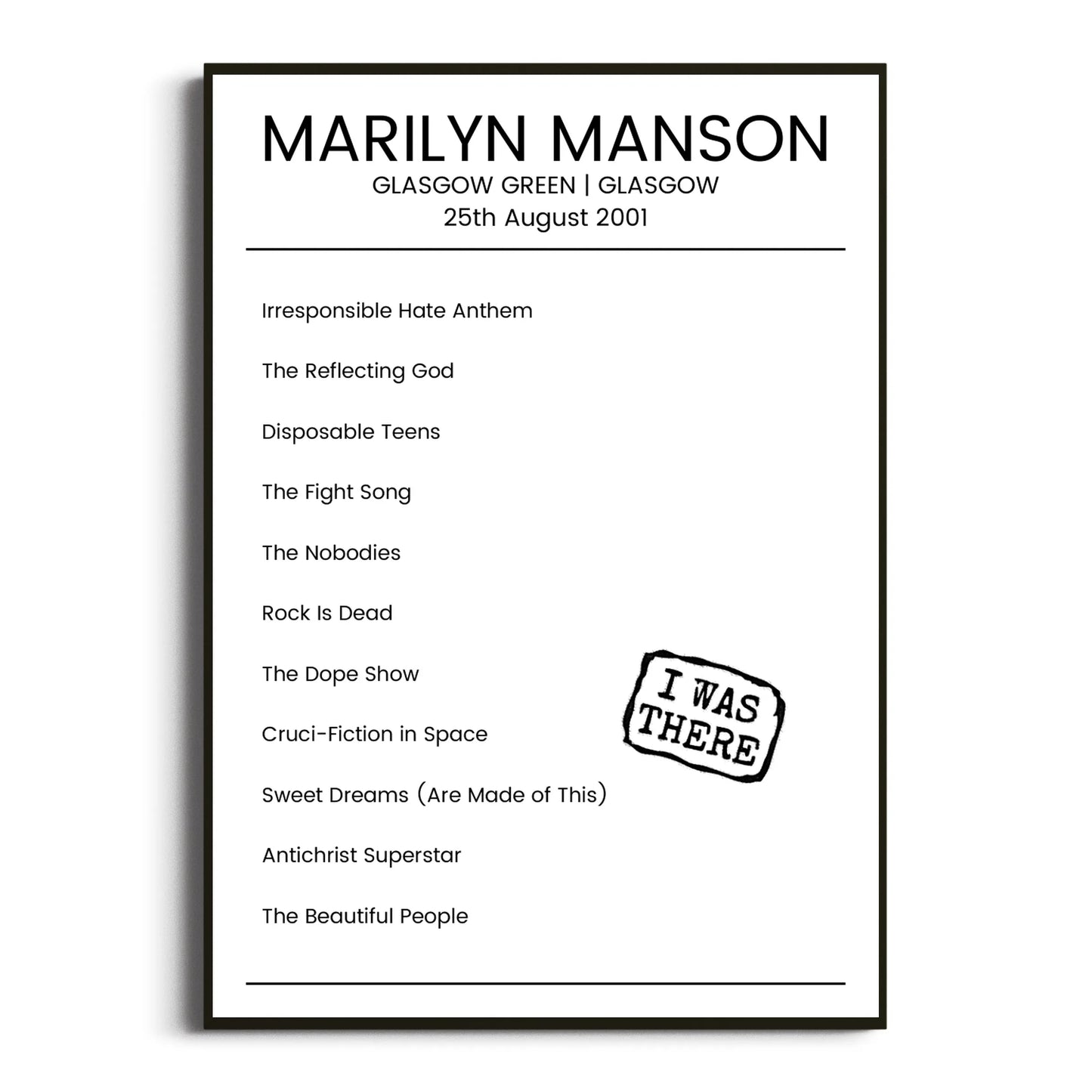 Marilyn Manson Glasgow 25 August 2001 Setlist Poster