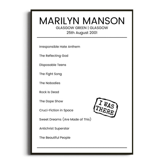 Marilyn Manson Glasgow 25 August 2001 Setlist Poster