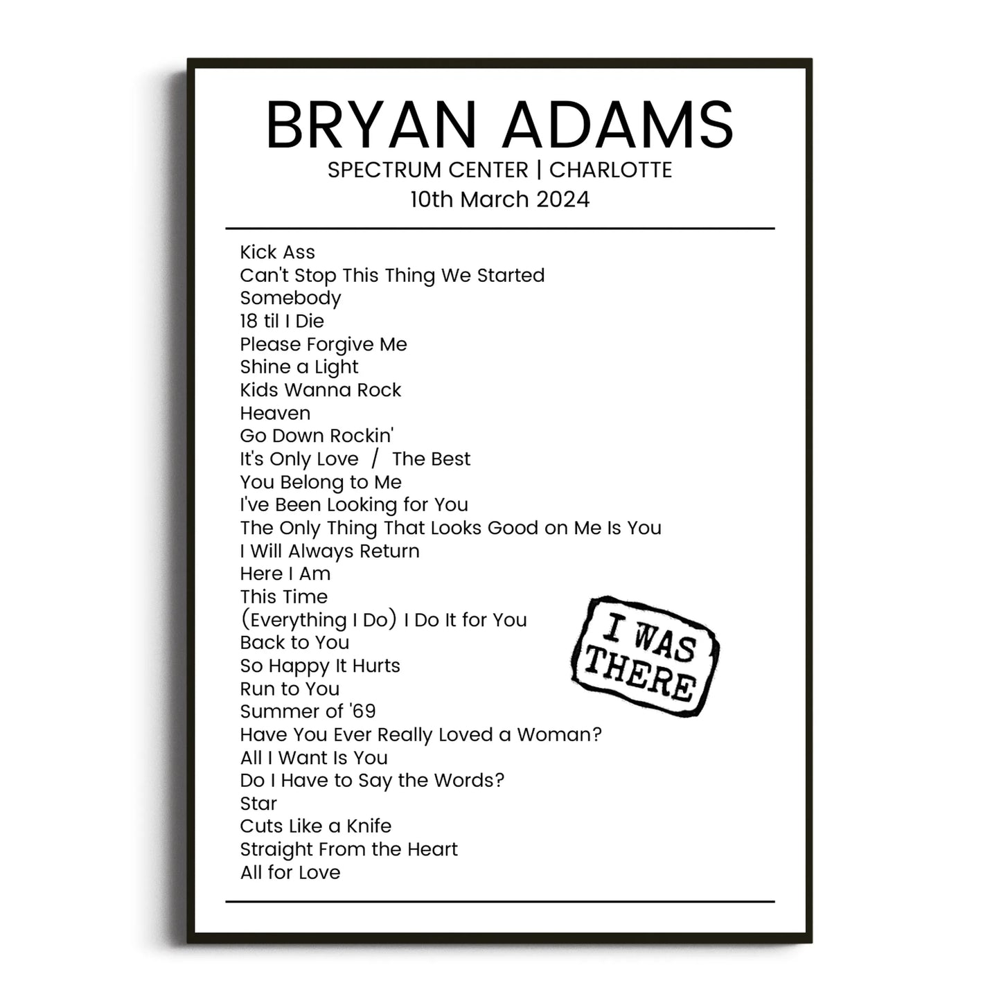 Bryan Adams Charlotte 10 March 2024 Setlist Poster