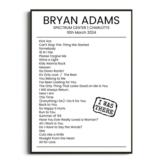 Bryan Adams Charlotte 10 March 2024 Setlist Poster