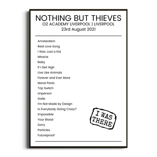 Nothing But Thieves Liverpool 23 August 2021 Setlist Poster