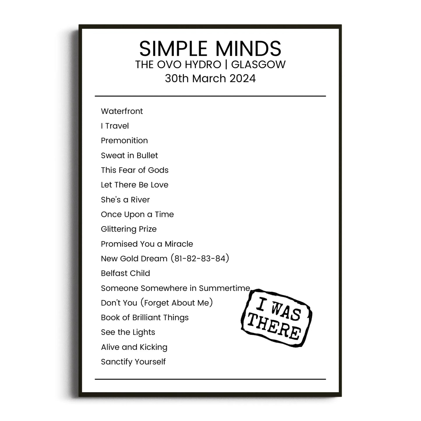 Simple Minds Glasgow 30 March 2024 Setlist Poster