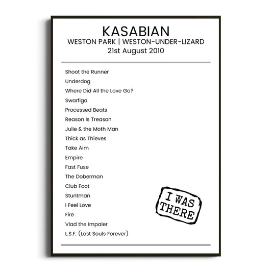 Kasabian Weston-under-Lizard 21 August 2010 Setlist Poster