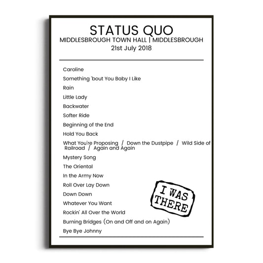 Status Quo Middlesbrough 21 July 2018 Setlist Poster