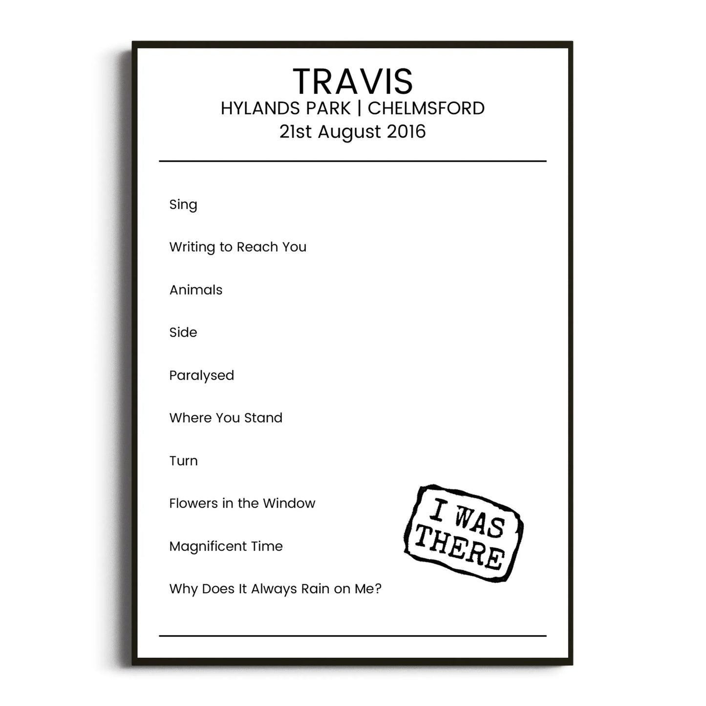 Travis Chelmsford 21 August 2016 Setlist Poster