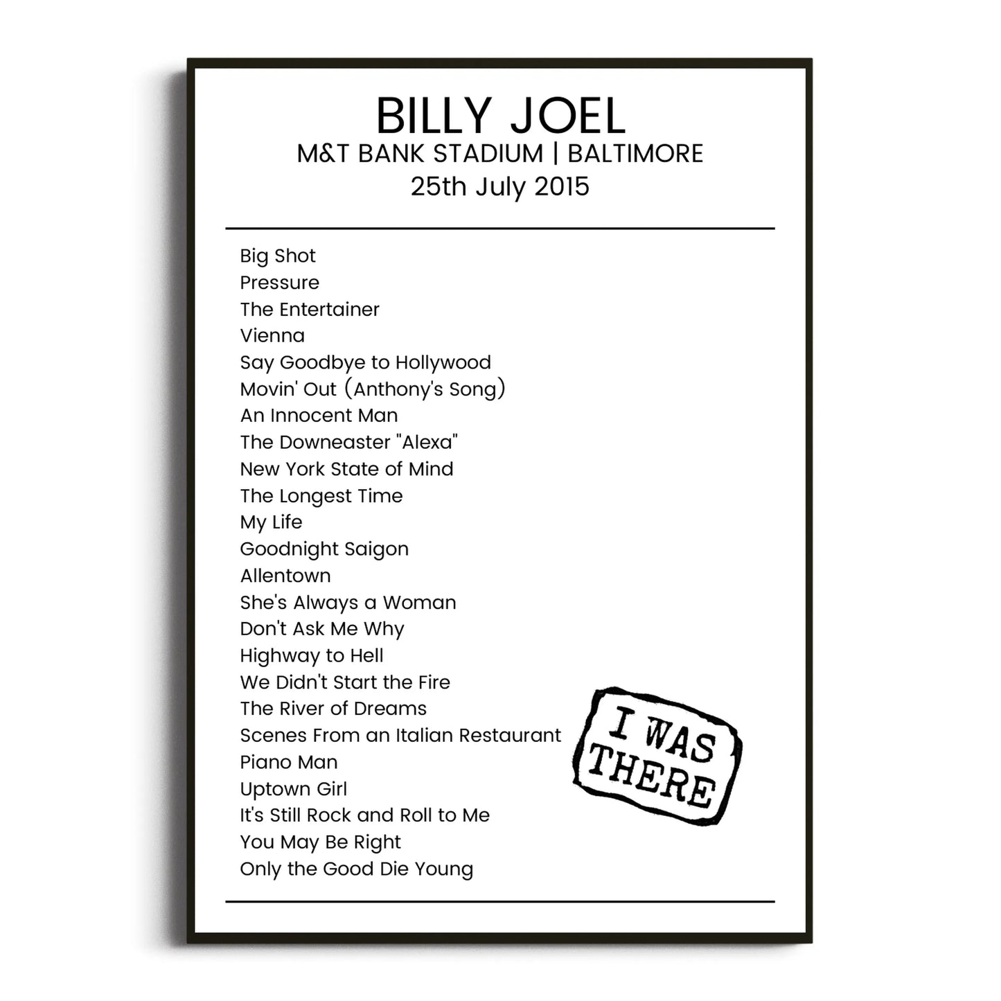 Billy Joel Baltimore 25 July 2015 Setlist Poster