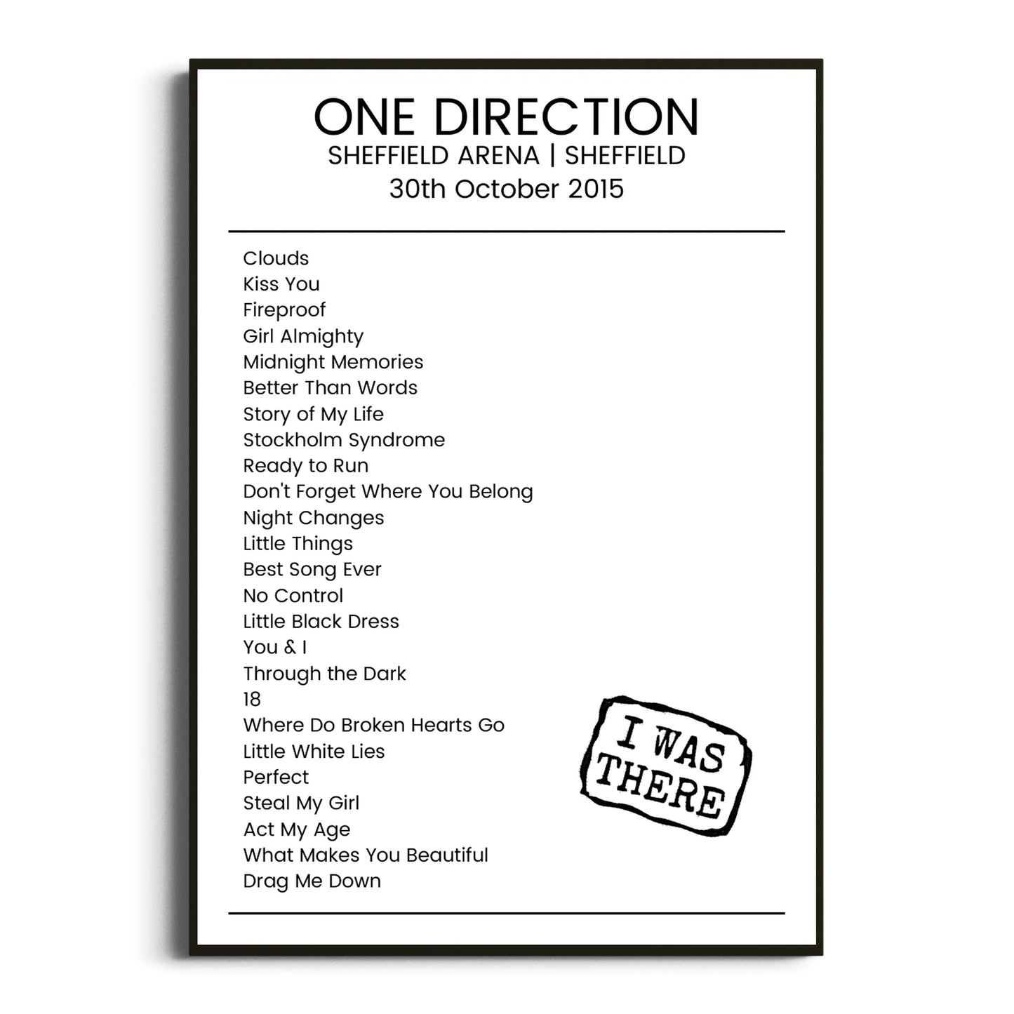 One Direction Sheffield 30 October 2015 Setlist Poster