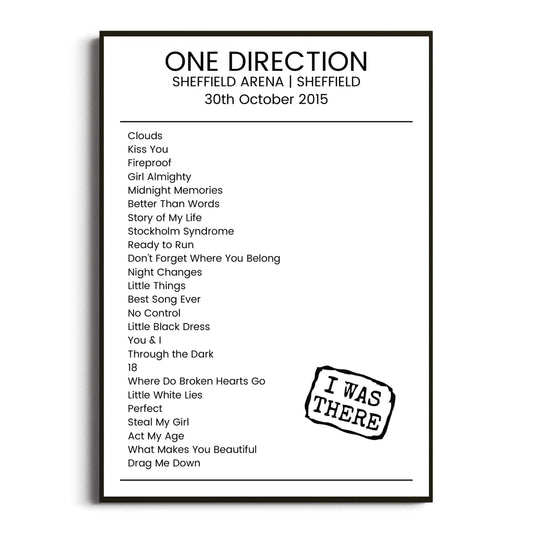 One Direction Sheffield 30 October 2015 Setlist Poster