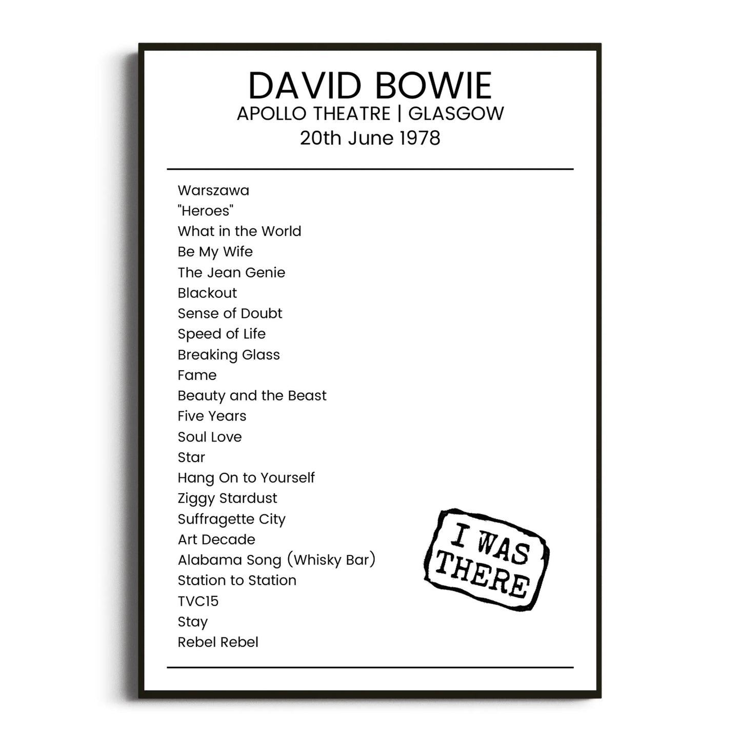 David Bowie Glasgow 20 June 1978 Setlist Poster