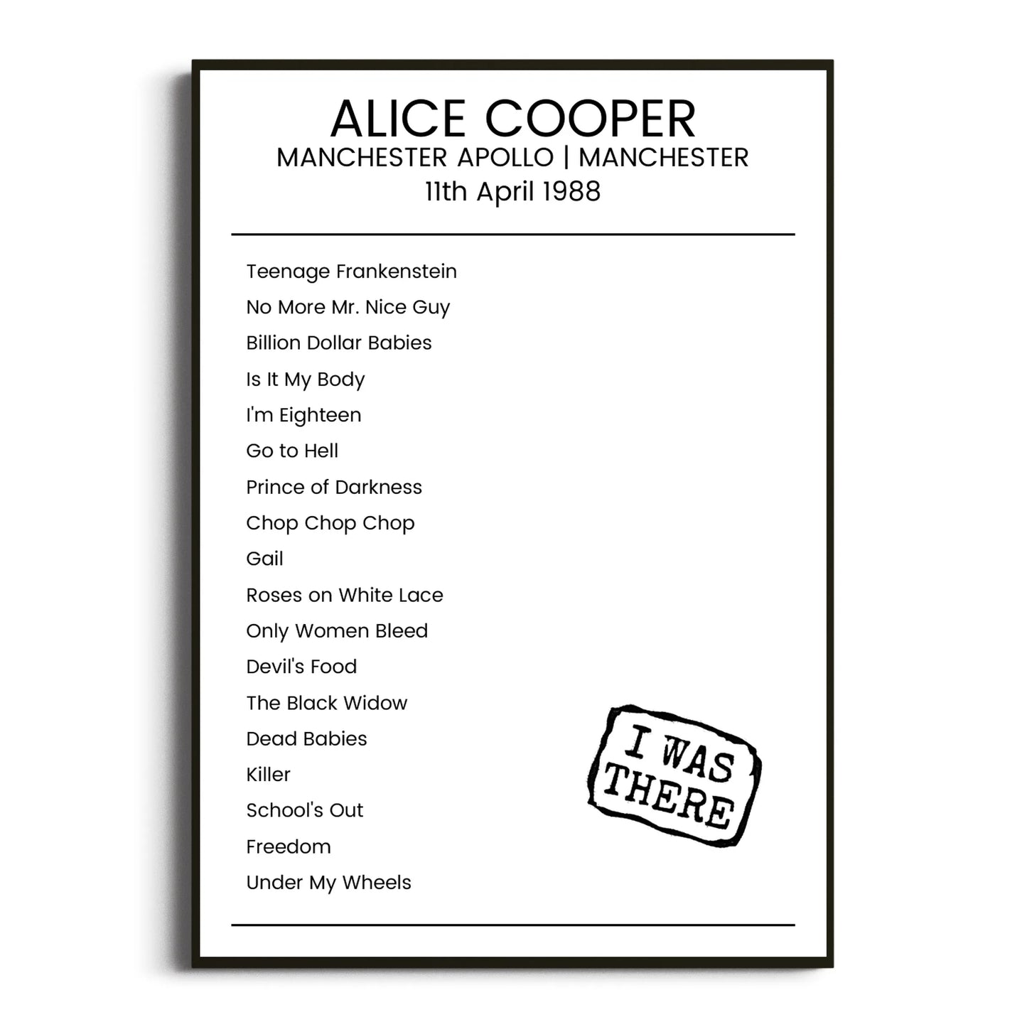 Alice Cooper Manchester 11 April 1988 Setlist Poster