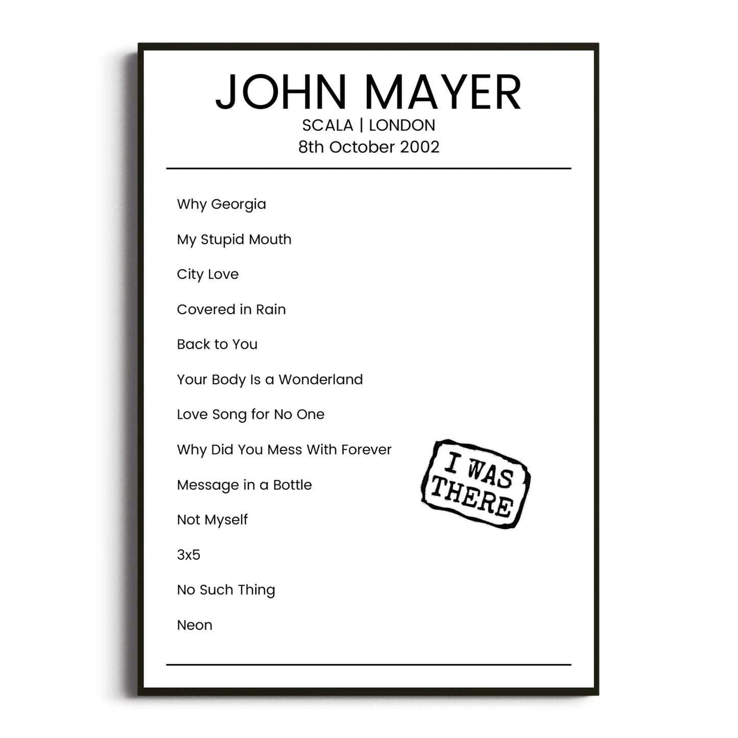 John Mayer London 08 October 2002 Setlist Poster