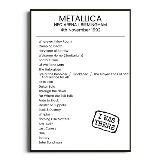 Metallica Birmingham 04 November 1992 Setlist Poster