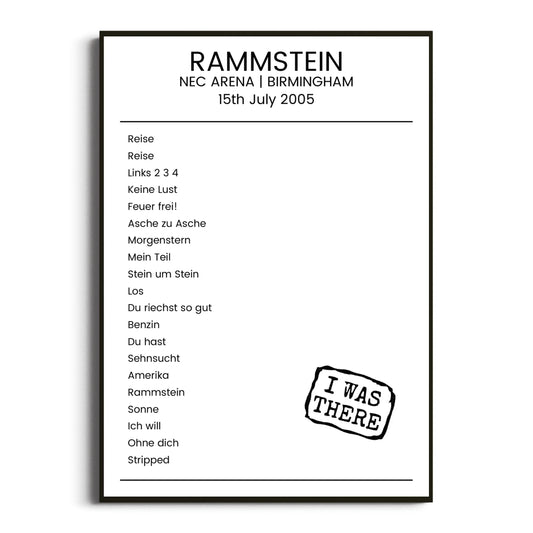 Rammstein Birmingham 15 July 2005 Setlist Poster