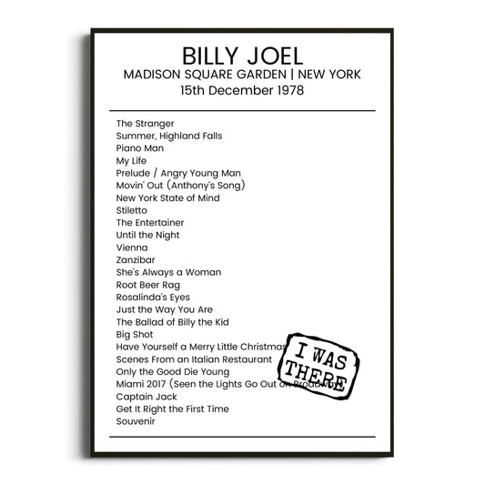 Billy Joel New York 15 December 1978 Setlist Poster