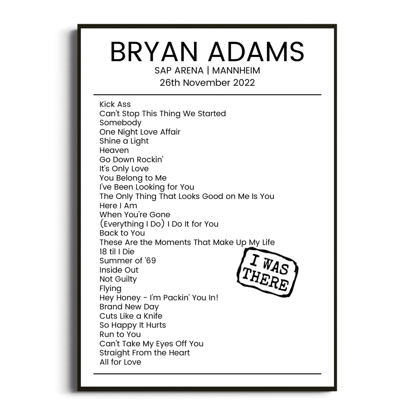 Bryan Adams Mannheim 26 November 2022 Setlist Poster