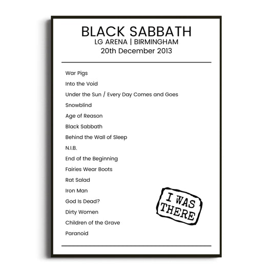 Black Sabbath Birmingham 20 December 2013 Setlist Poster