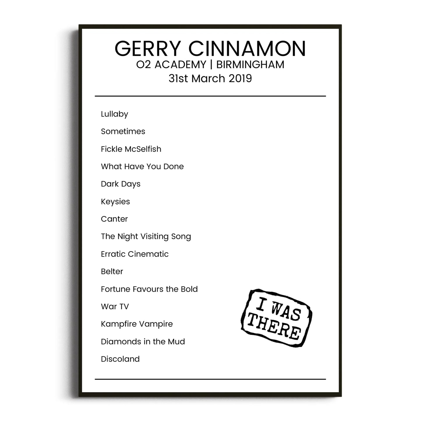 Gerry Cinnamon Birmingham 31 March 2019 Setlist Poster