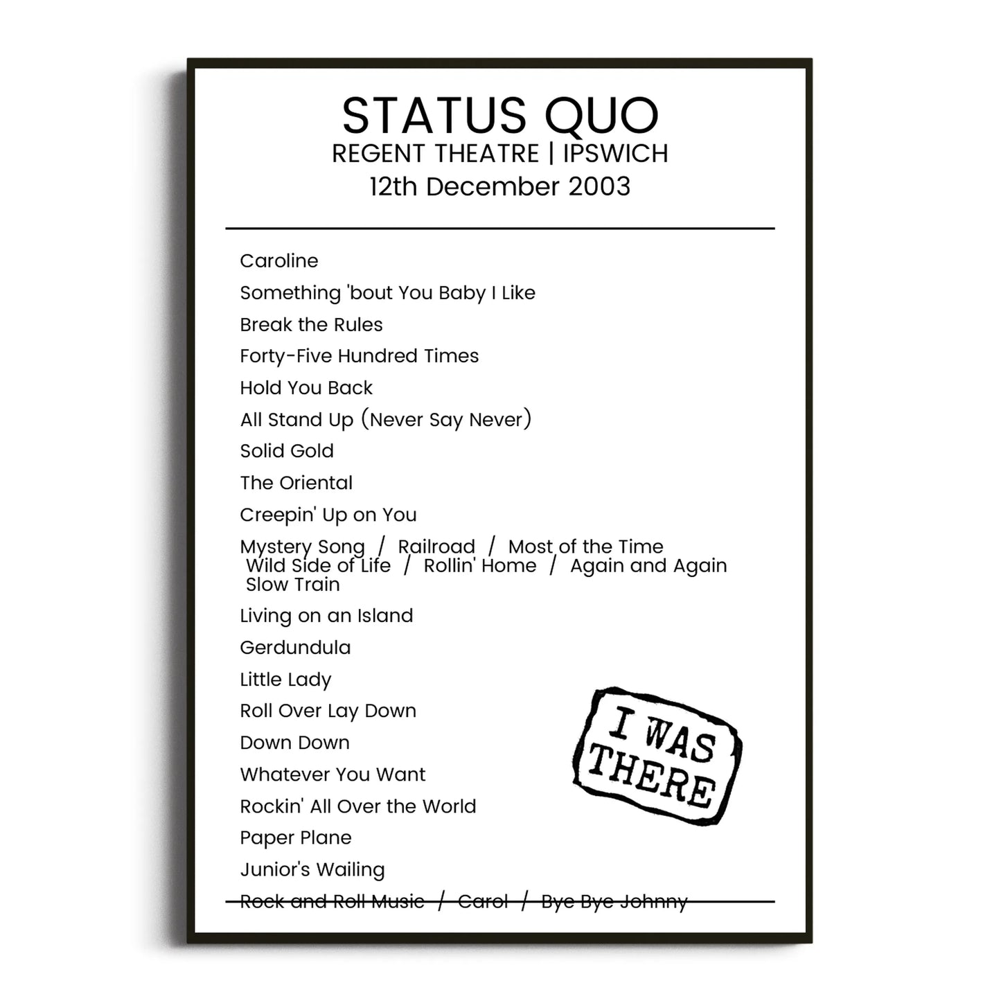 Status Quo Ipswich 12 December 2003 Setlist Poster