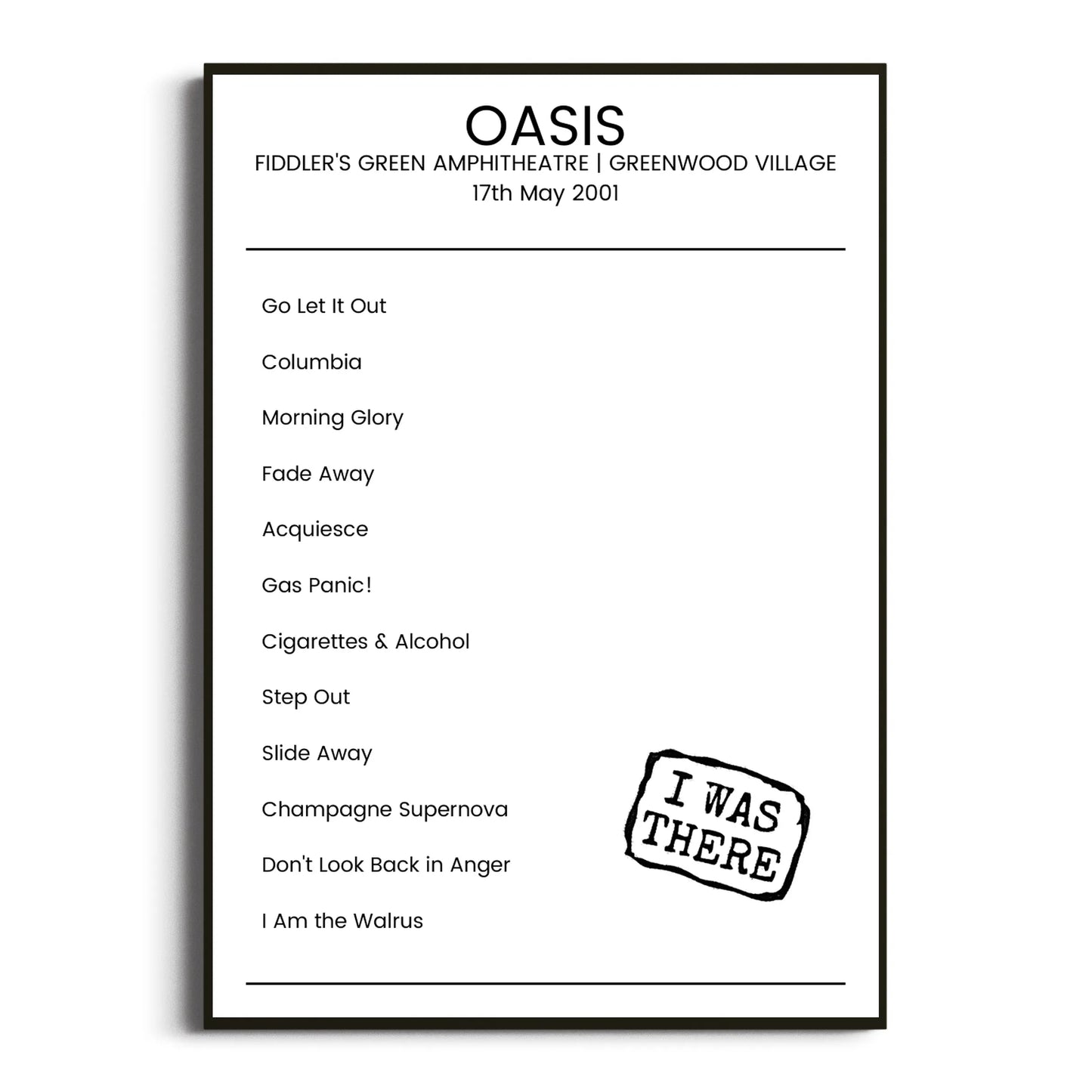 Oasis Greenwood Village 17 May 2001 Setlist Poster