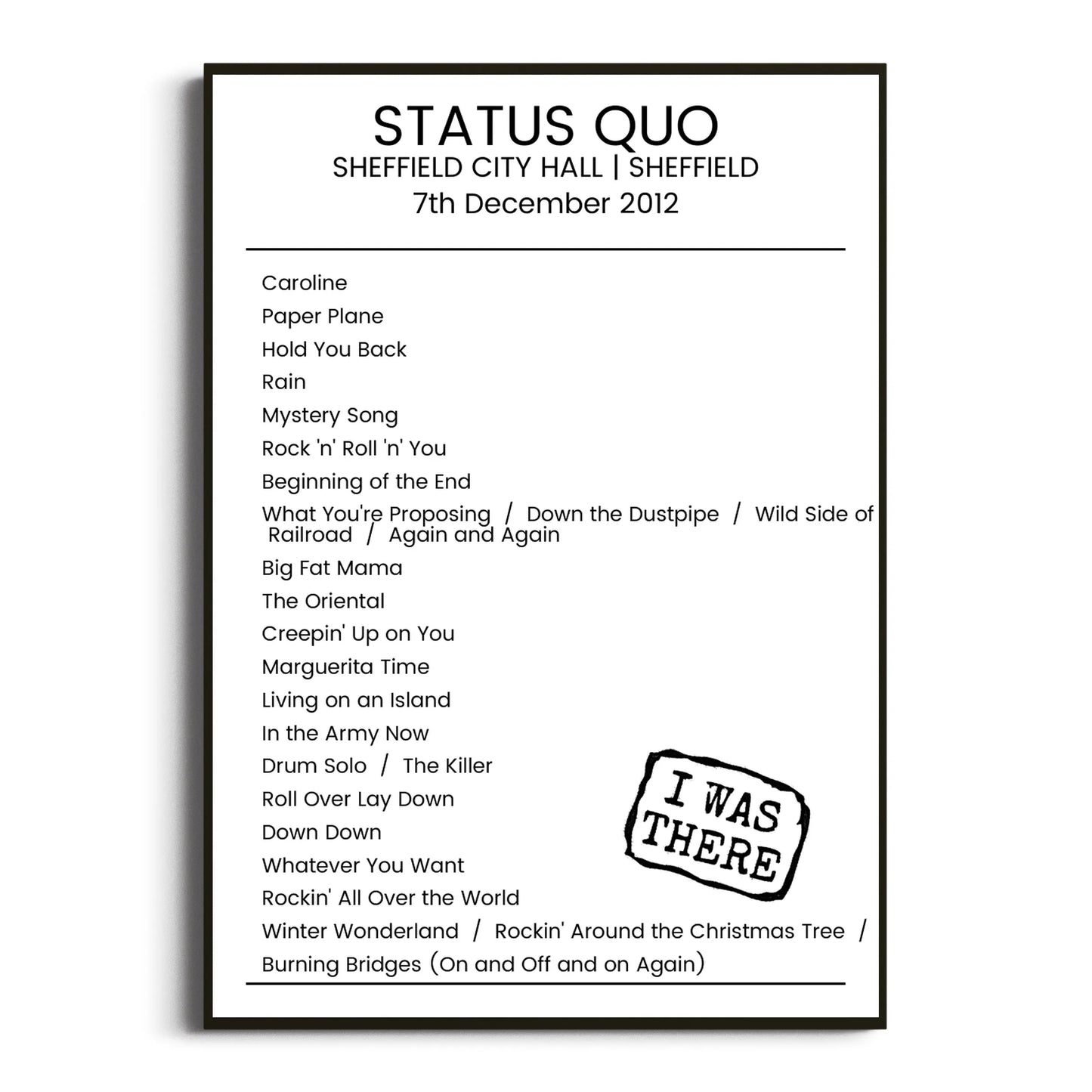 Status Quo Sheffield 07 December 2012 Setlist Poster