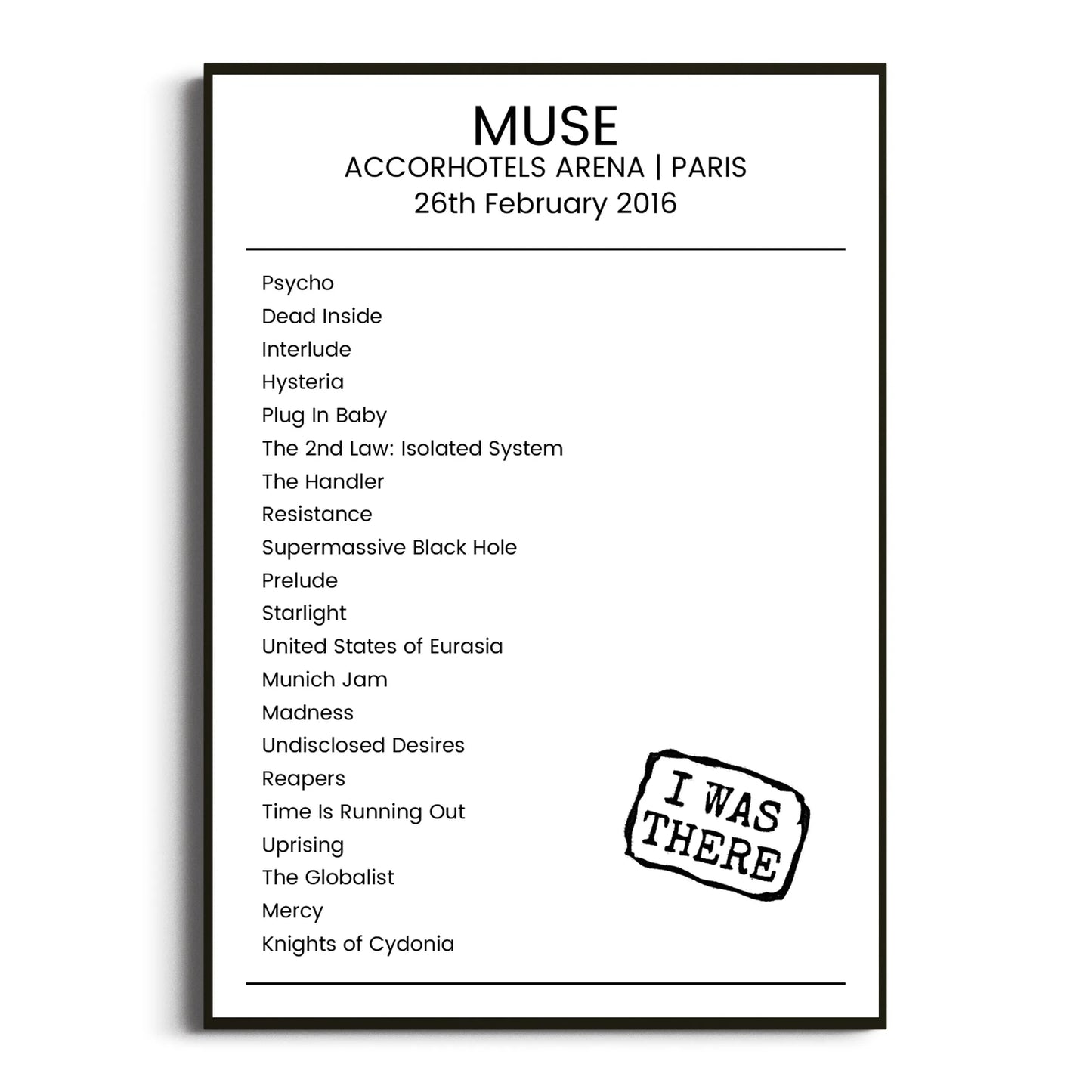 Muse Paris 26 February 2016 Setlist Poster