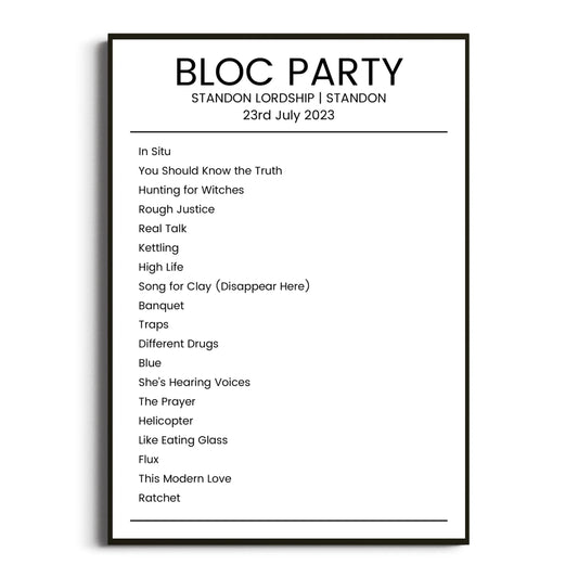 Bloc Party Standon 23 July 2023 Setlist Poster