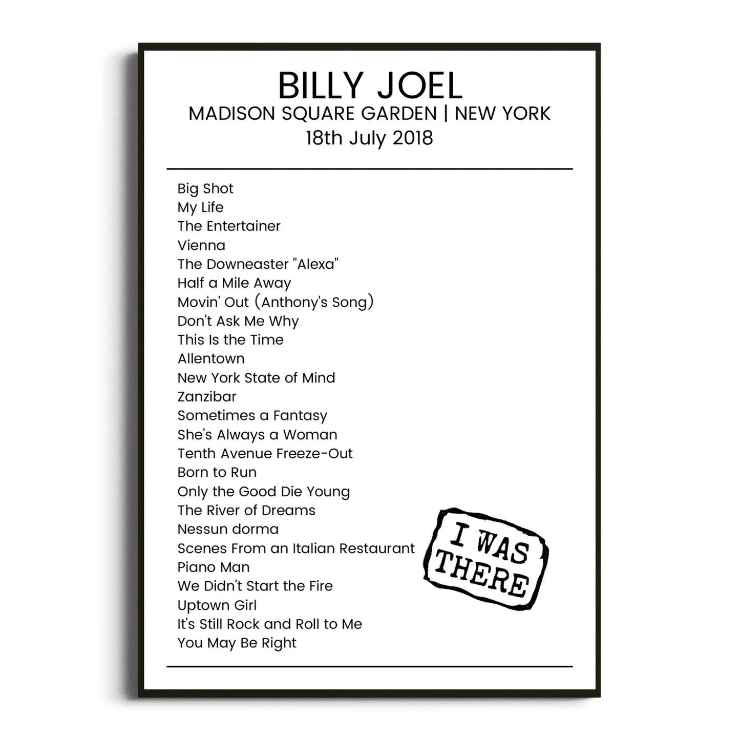 Billy Joel New York 18 July 2018 Setlist Poster