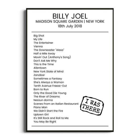 Billy Joel New York 18 July 2018 Setlist Poster