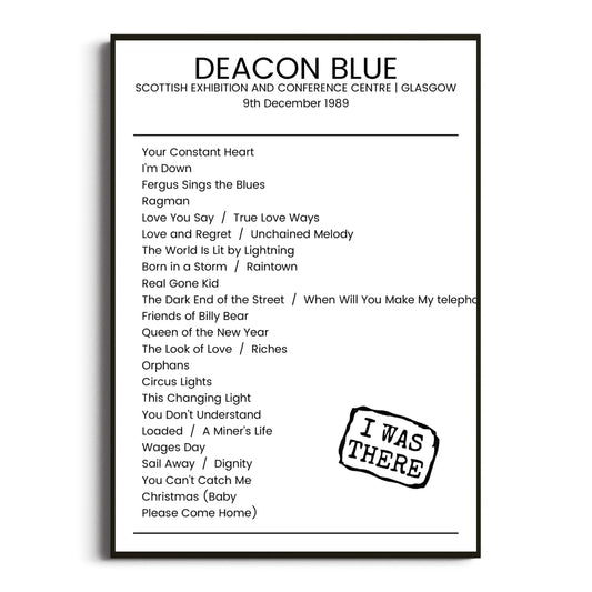 Deacon Blue Glasgow 09 December 1989 Setlist Poster