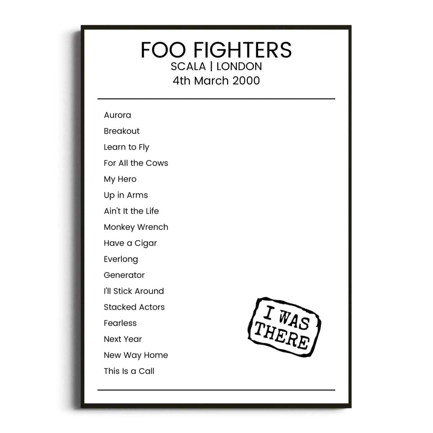 Foo Fighters London 04 March 2000 Setlist Poster