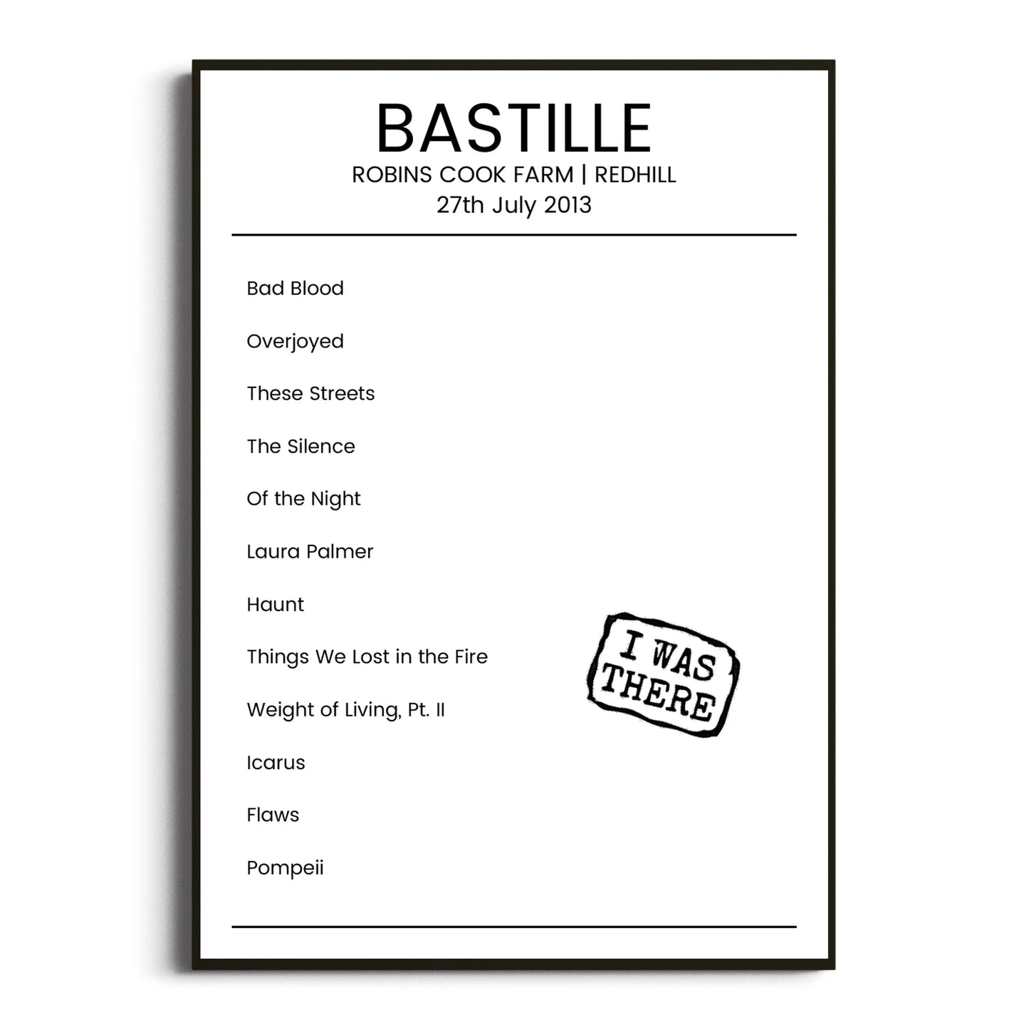 Bastille Redhill 27 July 2013 Setlist Poster