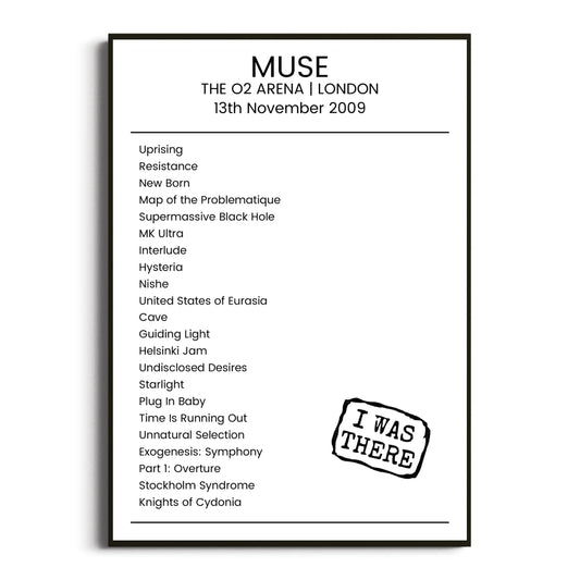 Muse London 13 November 2009 Setlist Poster