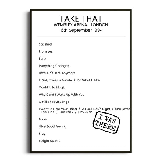 Take That London 16 September 1994 Setlist Poster