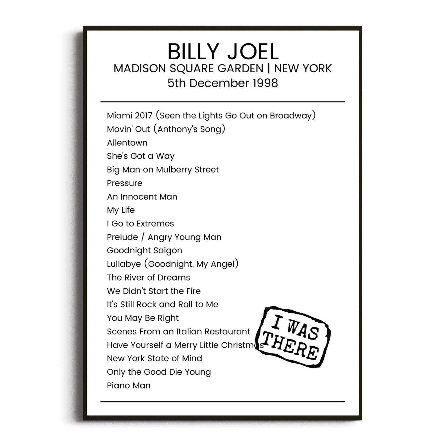 Billy Joel New York 05 December 1998 Setlist Poster