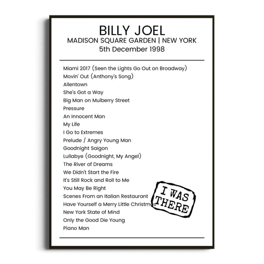 Billy Joel New York 05 December 1998 Setlist Poster