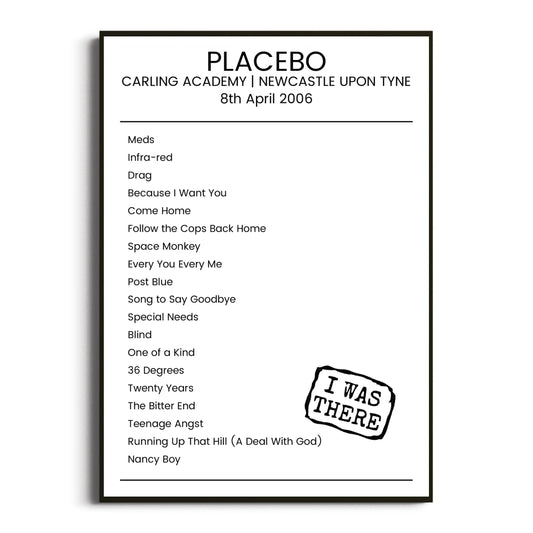 Placebo Newcastle upon Tyne 08 April 2006 Setlist Poster