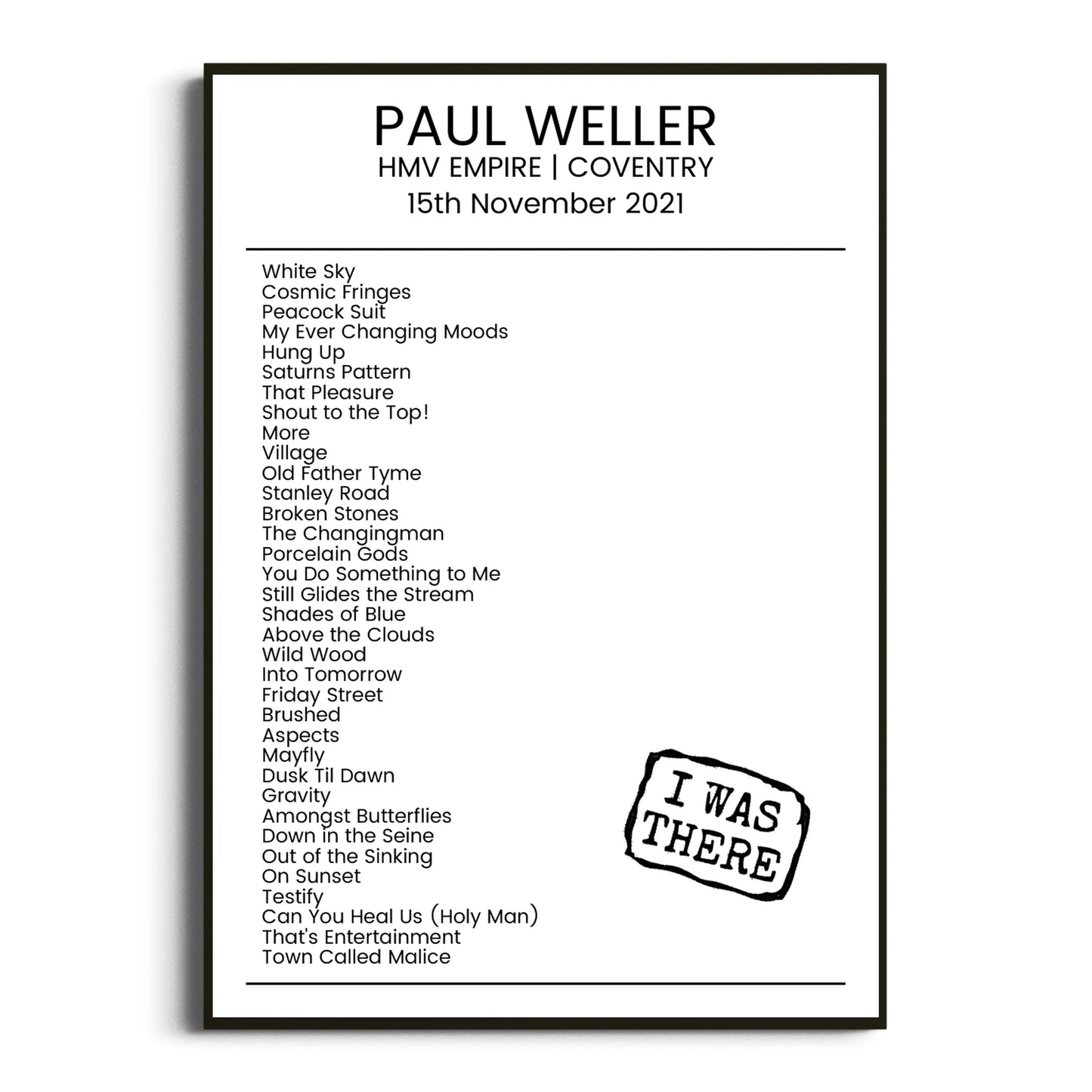 Paul Weller Coventry 15 November 2021 Setlist Poster