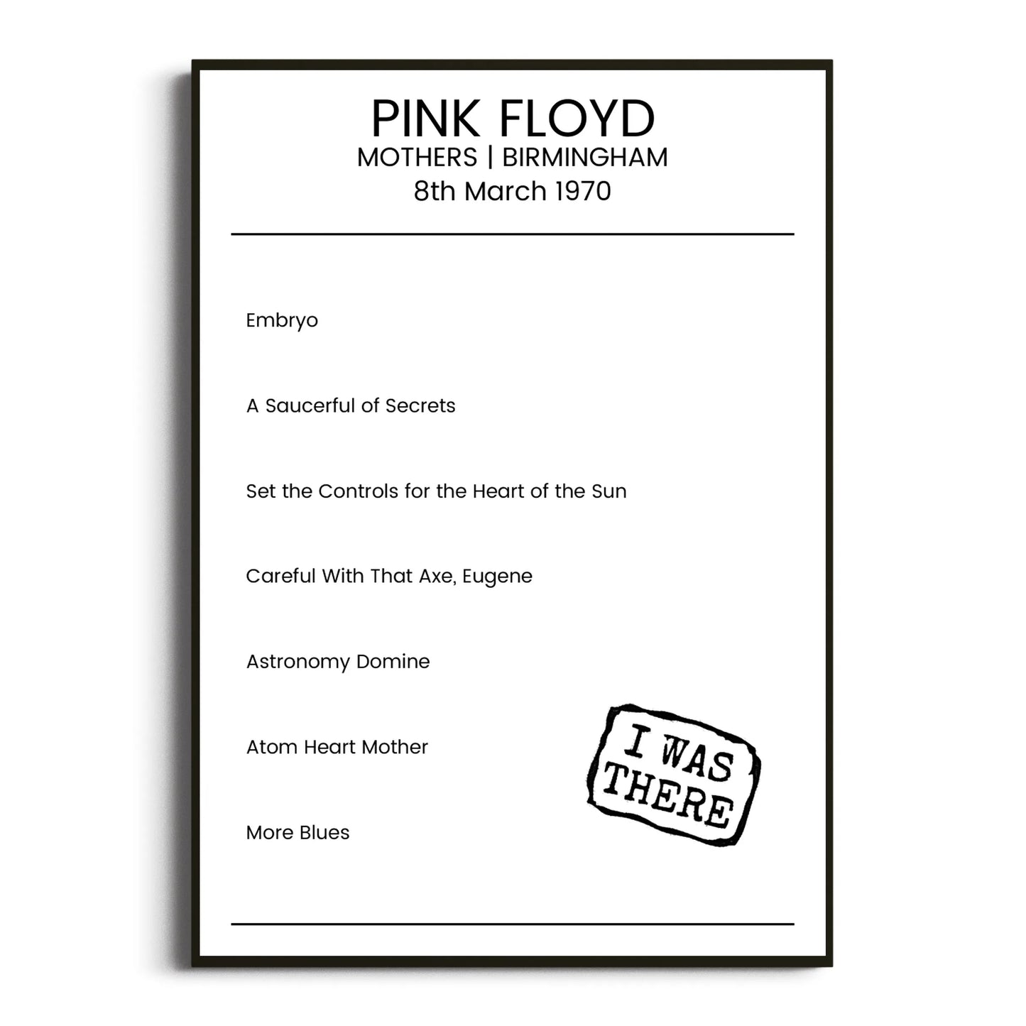 Pink Floyd Birmingham 08 March 1970 Setlist Poster